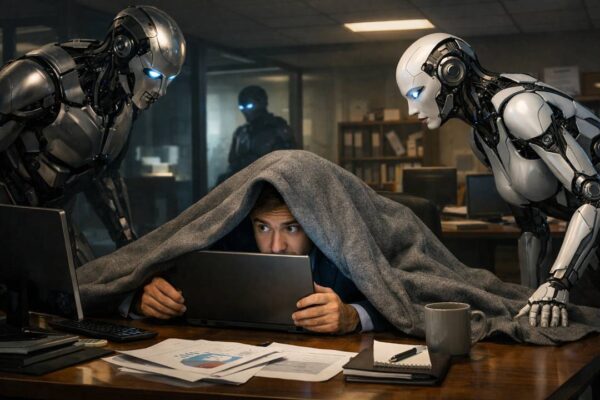 Businessman hiding from cyborgs